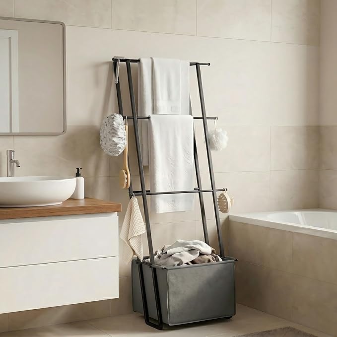 2-in-1 Leaning Blanket Ladder with Storage Basket, Matte Black Metal Towel Rack Stand, Drill-Free Space Saving Organizer for 