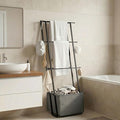 2-in-1 Leaning Blanket Ladder with Storage Basket, Matte Black Metal Towel Rack Stand, Drill-Free Space Saving Organizer for 