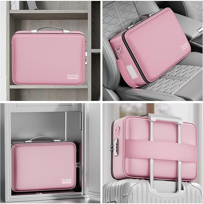 DocSafe Fireproof Document Box with Lock＆Shoulder Strap,Hard Case File Organizer with Accordion File Folder,Multi-Layer Porta