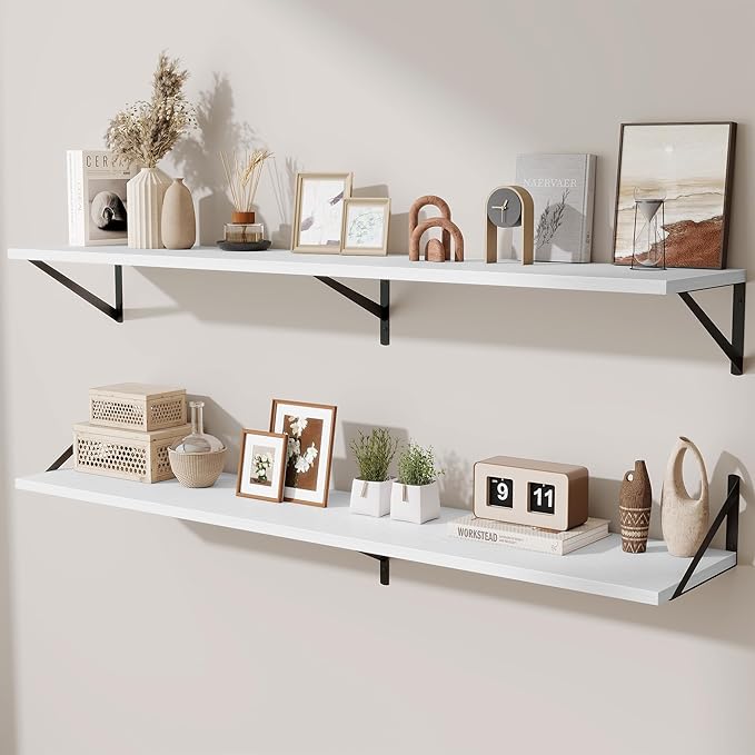 Deep Floating Shelves,55" Wx10 D Wood Wall Shelves Set of 2,Long Wood Floating Shelf with Metal Brackets,Floating Bookshelf f