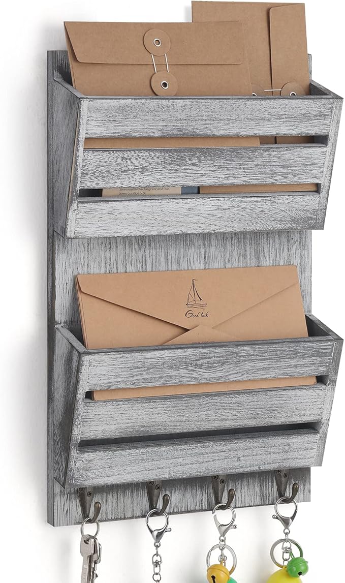 BTY Mail Sorter Wall Mounted, Wooden Mail Holder with 4 Key Hooks, 2 Slot Letter Bills Newspaper Magazine Organizer for Entry