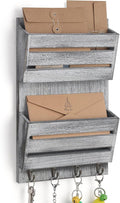 BTY Mail Sorter Wall Mounted, Wooden Mail Holder with 4 Key Hooks, 2 Slot Letter Bills Newspaper Magazine Organizer for Entry