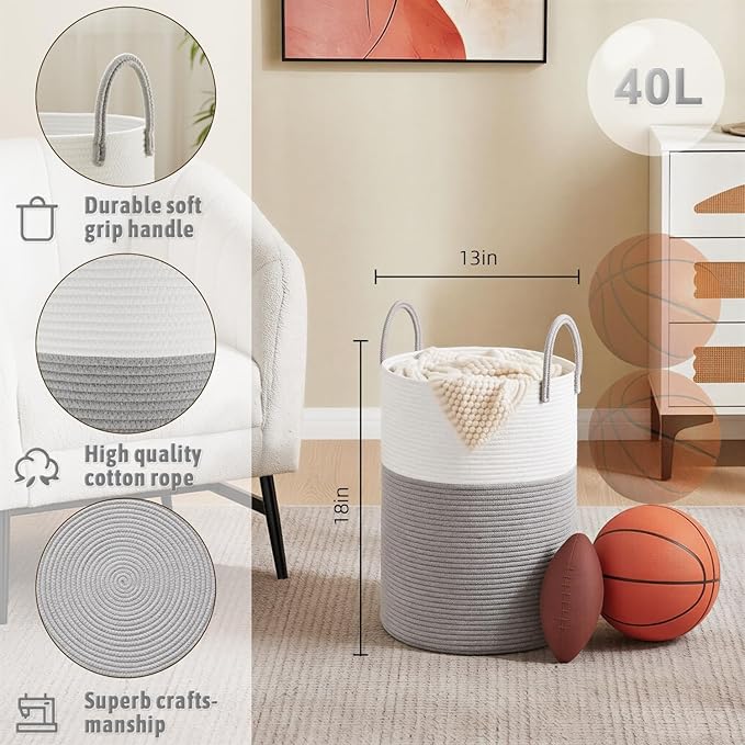 Artfeel Laundry Basket,Woven Cotton Rope Laundry Hamper,40L for Decorative Storage of Dirty Clothes,Toys and Blankets in Bath