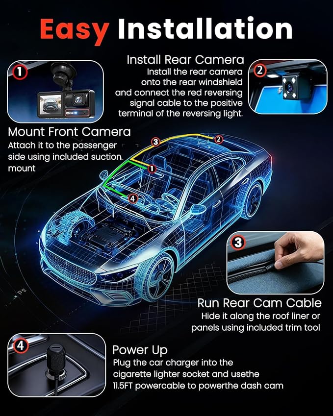 3 Channel Dash Camera for Cars,Triple Lens 4K+1080P+1080P Dash Cam Front Rear Inside,Built-in 5G WiFi & App, Night Vision,24H