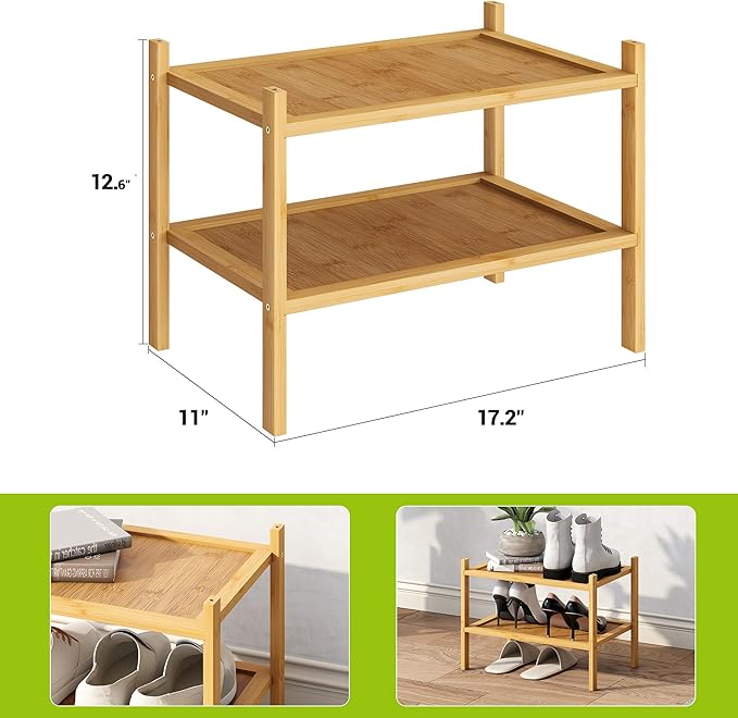 BMOSU 2-Tier Bamboo Small Shoe Rack Premium Stackable Shoe Shelf Storage Organizer for Hallway Closet Living Room Entryway Or