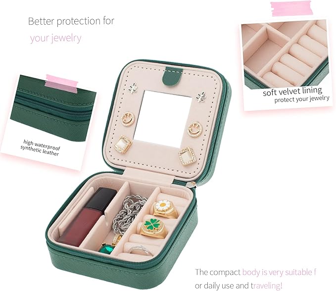 KElofoN Travel Jewelry Case with Mirror - Small Organizer Box for Girls & Women (Green-5)