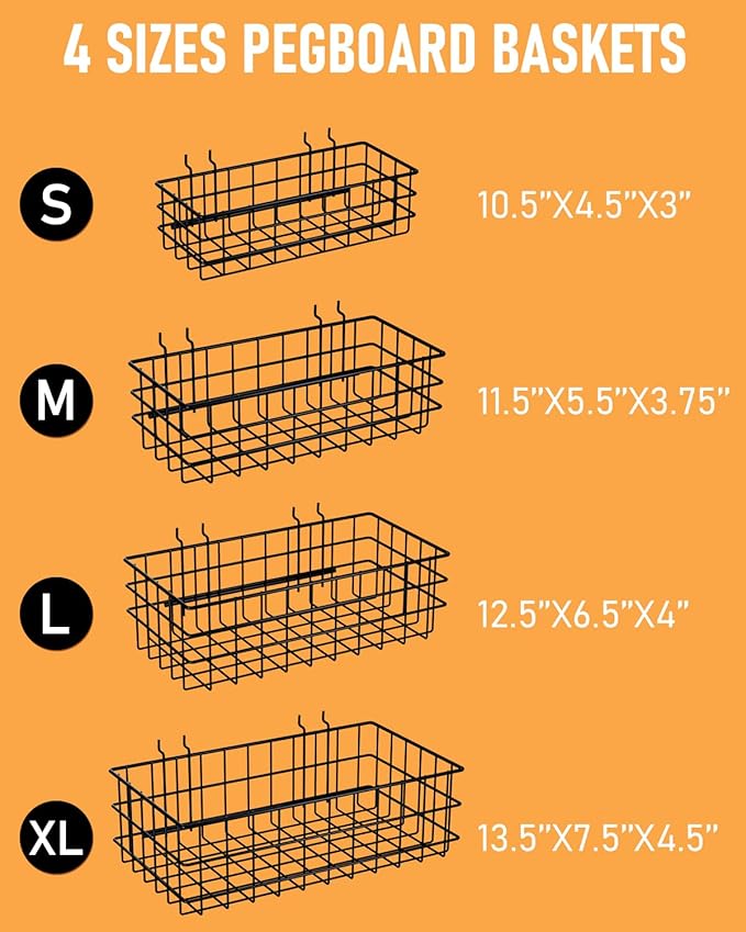 INCLY 4 Pack Pegboard Baskets Bins Set, 4 Size Square Style Black Metal Wire Basket for Any Peg Board Organizing Tools, Pegbo