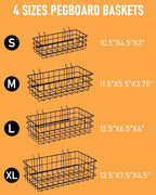 INCLY 4 Pack Pegboard Baskets Bins Set, 4 Size Square Style Black Metal Wire Basket for Any Peg Board Organizing Tools, Pegbo