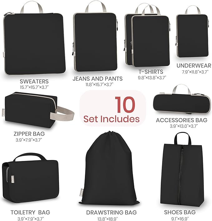 Compression Packing Cubes for Travel, Set of 10 Expandable Luggage Organizers with Shoe Bag, Lightweight Water-Resistant Suit