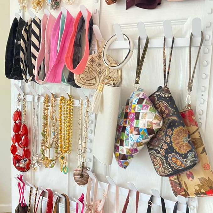 Evelots Rack for Purses, Belts, Jewelry, Ties, Hats - New Over the Door Organizer - Adjustable 8 Tier - 40 Hooks for Multi Us