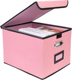 File Storage Box with Lid, 15.55x12.87x10.43 Inches, Foldable Organizer with Handles & Label Slot, for File Storage, Home, Of