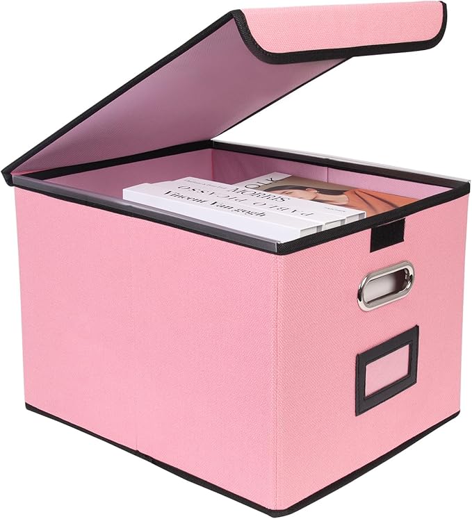 File Storage Box with Lid, 15.55x12.87x10.43 Inches, Foldable Organizer with Handles & Label Slot, for File Storage, Home, Of