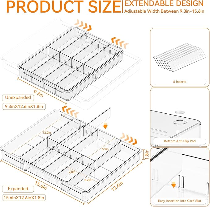 Yieach Expandable Desk Drawer Organizer Tray,1.8 Inch High Junk Drawer Organizer for Kitchen,Clear Shallow Office Drawer Orga