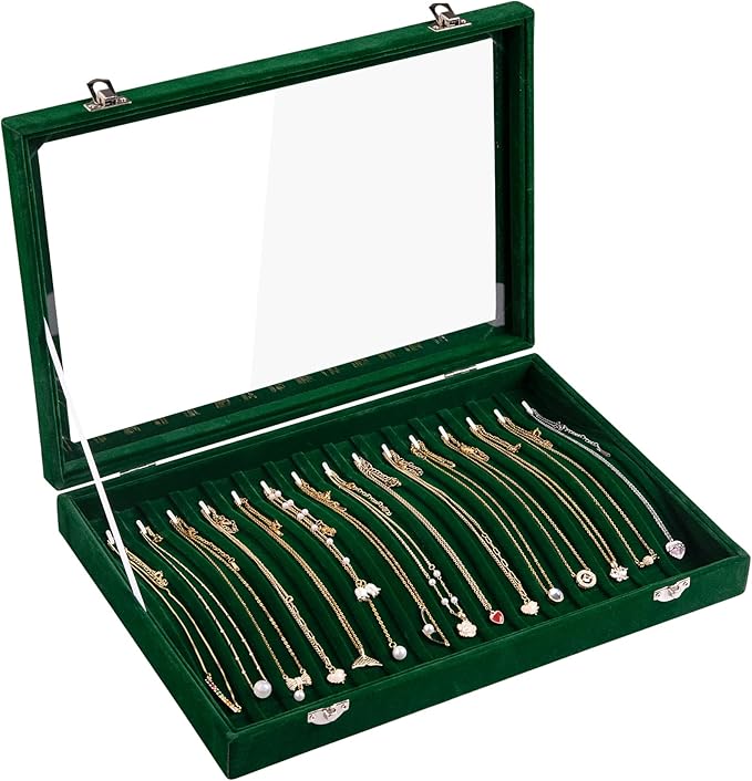 Frebeauty 15 Hooks Necklace Tray Velvet Neckalce Organizer with Clear Lid Lockable Necklace Holder Box Jewelry Organizer for 