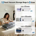 Mapambo Travel Vacuum Bags with -60000Pa LED Electric Pump, 12 Pack Vacuum Seal Bags for Clothing Travel in 3 Combo sizes, Sp