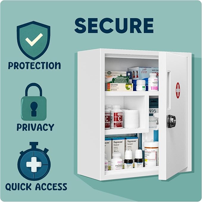 POKIPO Wall Mount Locking Medicine Cabinet, Empty Metal Medicine Storage Box with All-Metal Digit Lock, Bathroom Cabinet Orga