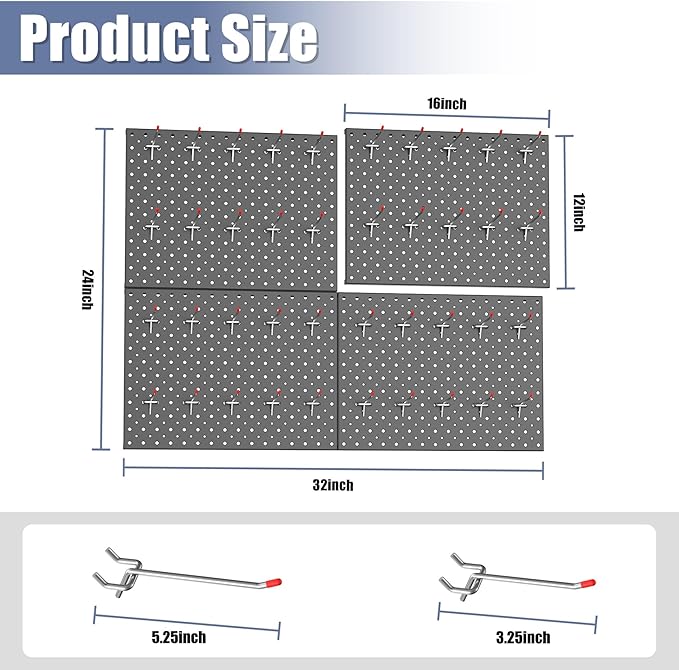 WALMANN 12"x16" Metal Pegboard Panels and Hooks for Garage, Tool Storage Pegboard with Hook - Compatible with 1/8" & 1/4" Hoo