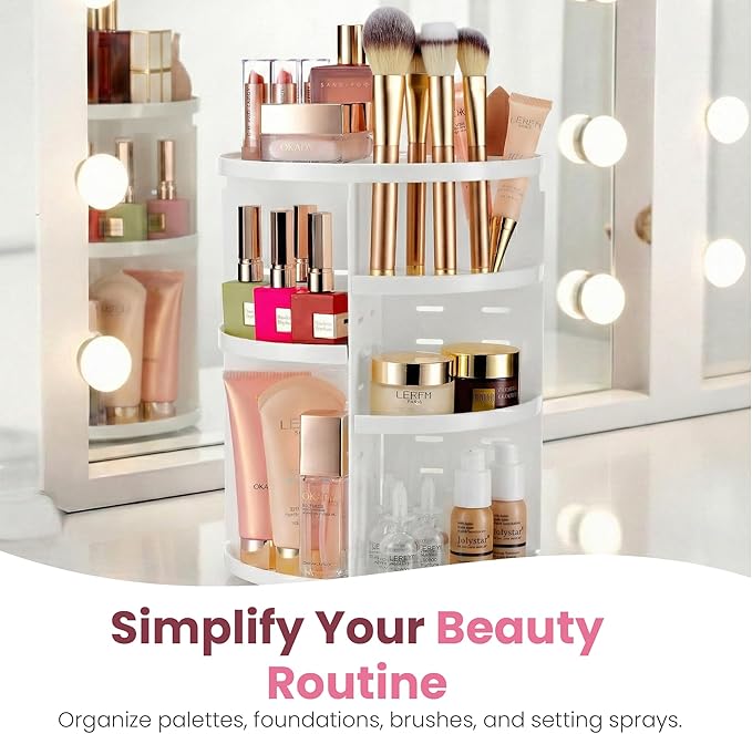 Masirs 360 Rotating Makeup Organizer for Vanity, Adjustable Shelf Height, Large Capacity Cosmetic and Skincare Storage, Lazy 