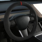 Suede Steering Wheel Cover for Tesla Model 3/Y, Anti Heat, Breathable, Anti-Slip,Leather Steering Wheel Cover 14-14 1/4 in (35.5-36 cm) (Black 02 with Red Mark)
