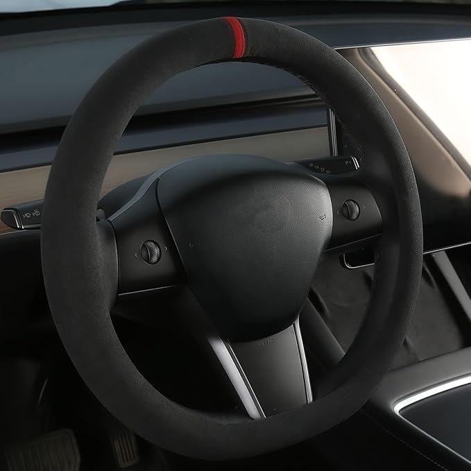 Suede Steering Wheel Cover for Tesla Model 3/Y, Anti Heat, Breathable, Anti-Slip,Leather Steering Wheel Cover 14-14 1/4 in (35.5-36 cm) (Black 02 with Red Mark)