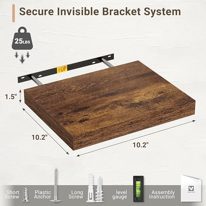 Vivelove 10 Inch Deep Floating Shelves 10 inch Long, 10 x 10 Wide Wall Shelves with Invisible Brackets, for Bedroom Bathroom 