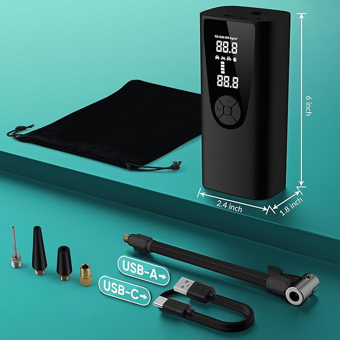 Tire Inflator Portable Air Compressor-Car Tire Air Pump Portable-180PSI Cordless Electric 3X Fast Inflation, Tire Inflator with Gauge, LED, for Bike, Motorcycle, Ball (Obsidian)