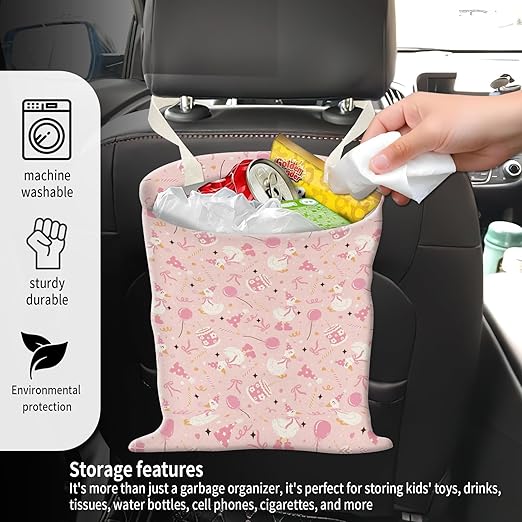 Car Garbage Can, Seat Back Hanging Cute Car Trash Can Bag, Car Organizer and Storage Bag for Travelling, Outdoor Cute Pink White Duck