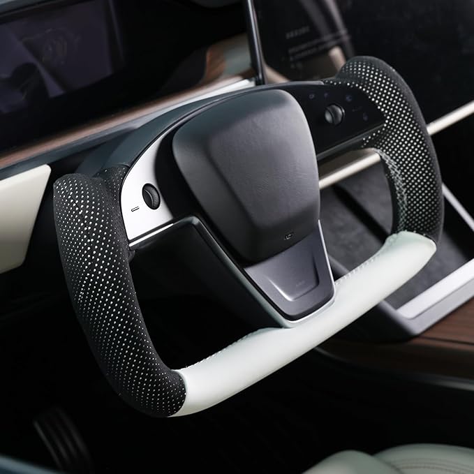 MEWANT Hand Stitched White Leather Steering Wheel Cover Wrap for Tesla Model S 2021-2023 / Model X 2021-2023 Steering Wheel Accessories