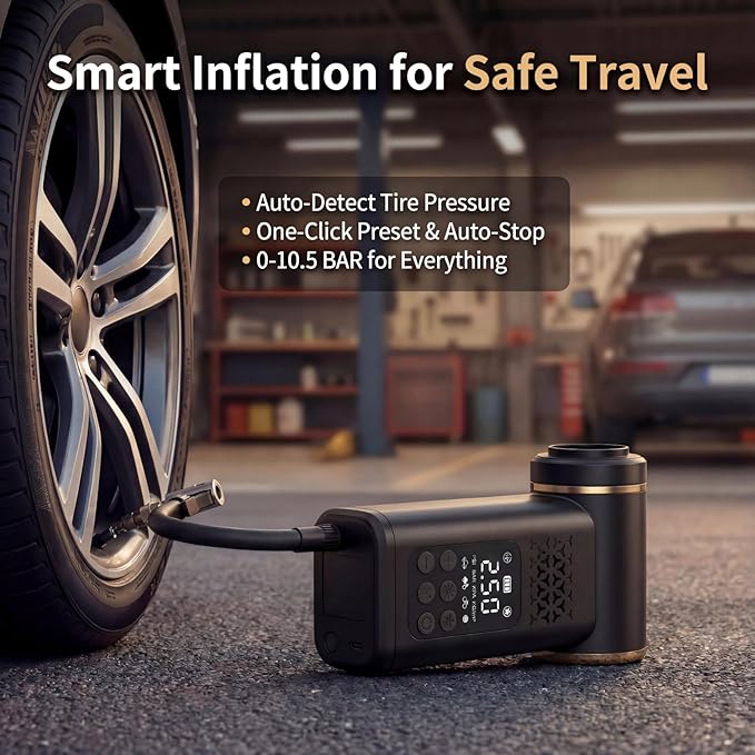 5-in-1 Portable Tire Inflator and Car Vacuum Cordless, 150PSI Smart Air Compressor with Auto Shut-Off, Powerful Suction Handheld Vacuum for Pet Hair, Blower Function, LED Light