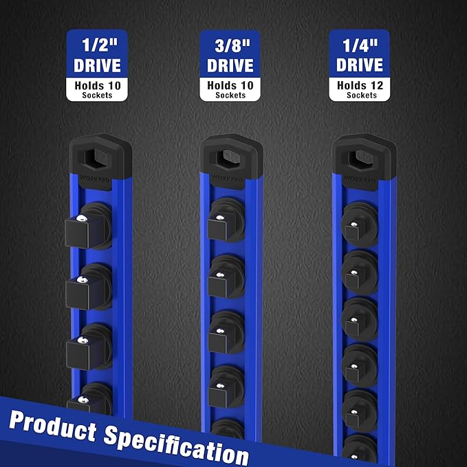 WORKPRO Magnetic Socket Organizer Set, 3-Piece Aluminum Alloy Socket Rail, Heavy Duty Socket Holder, Socket Rack Kit 1/4-Inch