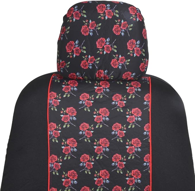 BDK Red Rose Car Seat Covers for Front Seats, 2 Pack – Flower Pattern Front Seat Cover Set with Matching Headrest, Sideless D