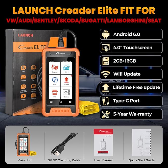 LAUNCH Creader Elite OBD2 Scanner Diagnostic Tool Fit for Audi Volkswagen Skoda Seat,Full System All Reset Bi-Directional Code