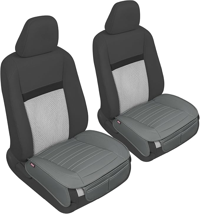 Motor Trend Seat Covers for Cars Trucks SUV, Faux Leather 2-Pack Gray Padded Car Seat Covers with Storage Pockets, Premium In