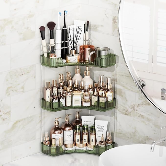 Asayuee 3-Tier Corner Bathroom Counter Organizer with Top Toothbrush Holders,Large Makeup Organizer Countertop with Brush Hol