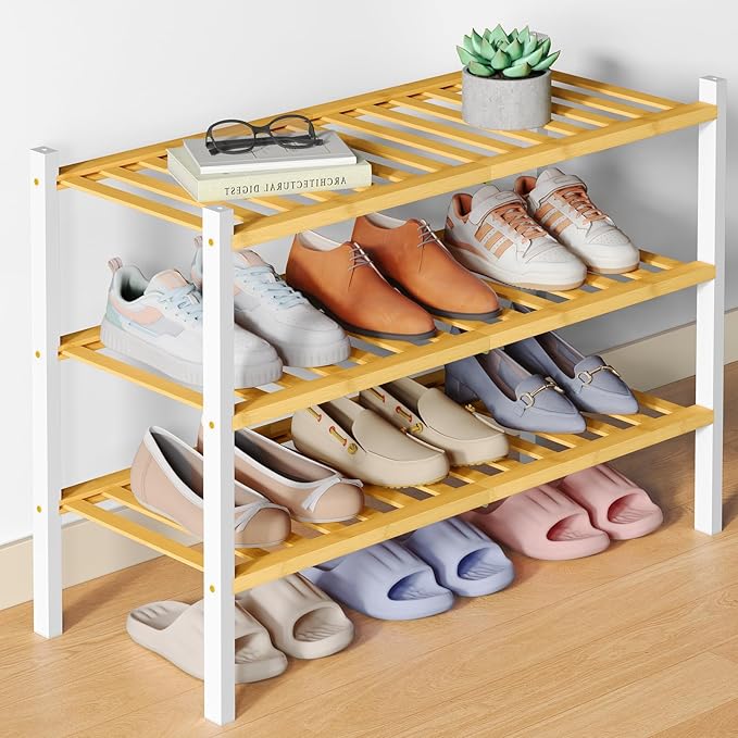 Smiry Bamboo Shoe Rack for Closet, 3 Tier Wooden Stackable Shoe Organizer, Free Standing Shoes Storage Shelf for Entryway, Fr