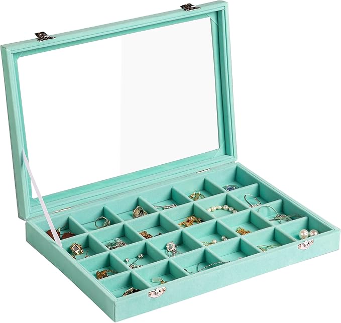 Frebeauty Velvet Jewelry Tray,24 Grid Jewelry Organizer with Clear Lid,Earring Holder Organizer with Clasp,Drawer Insert Ring