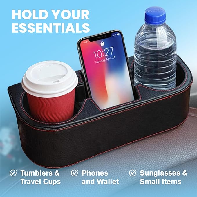 Car Cup Holder, Auto Front Seat Cup Holder, PU Leather Cover Cup Drink Holder, Car Seat Gap Filler Organizer, Side Cup Holder for Car Coin Bucket, Cell Mobile Phone Holder, Black