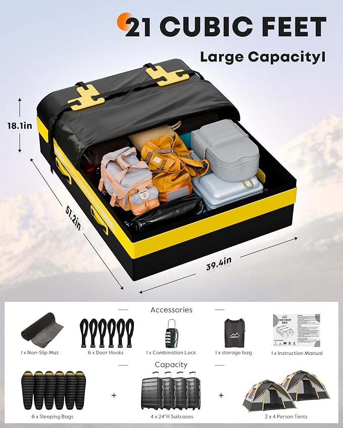 21 Cubic Feet Rooftop Cargo Carrier Bag, Waterproof Zip Soft Roof Top Cargo Bag with Anti-Slip Mat, Luggage Lock, 2 Reflective Strips, 6 Door Hooks, Storage Bag, for All Cars with/Without Rack