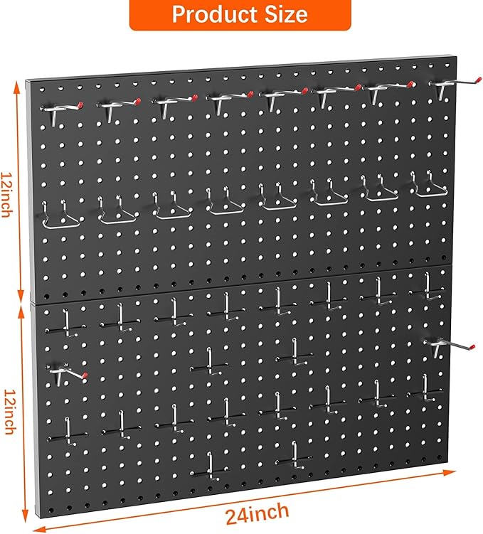 TORACK Metal Pegboard Wall Organizer 24" x 24" or 12" x 48", 70 PCS Tools Storage Pegboard for Garage Tool Organizer Peg Boar