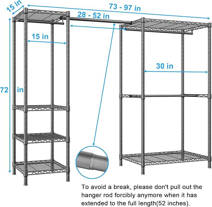 Ulif E10 Clothes Rack（With Stretchable Hanger Rod）Freestanding Clothing Racks for Hanging Clothes，Adjustable Closet Organizer