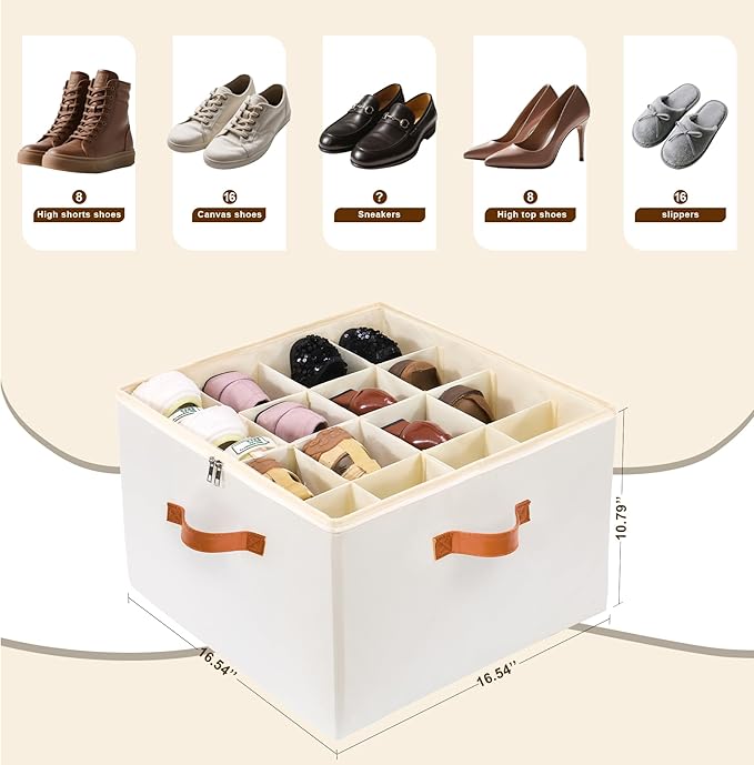 Shoe Organizer for Closet, Shoe Storage Boxes Fits up to 16 Pairs, Foldable Shoe Containers Bins Baskets with Adjustable Divi