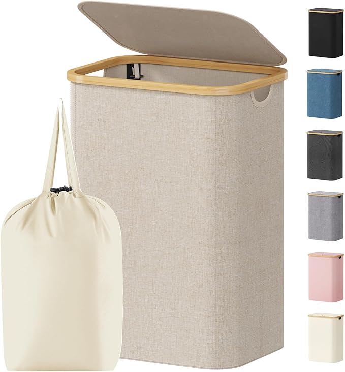 Lifewit 80L Laundry Basket with Lid, Clothes Hampers for Laundry with Bamboo Handles and 1 Removable Bag, Large Foldable Laun