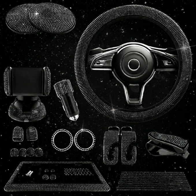 Black Bling Car Accessories Set - 27 Pieces Car Interior Kit with Rhinestone Steering Wheel Cover, Diamond License Plate Frame, Phone Holder, Coaster & Hook, Great Gift for Drivers