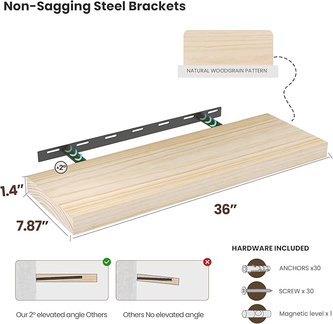 Vivelove Natural Wood Floating Shelves 36”，8 inch Deep Floating Shelf with Invisible Brackets, Unfinished Wall Shelves for Li