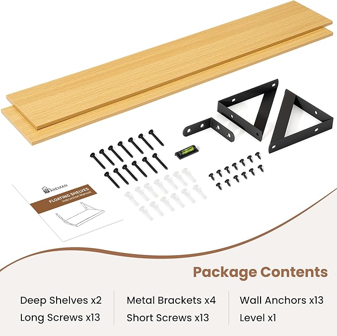 Axeman 48 Inch Floating Shelves | 8 Inch Deep Oak Wall Shelves Set of 2 | 47.3W x 8D Rustic Wood Shelves for Bookshelf Living