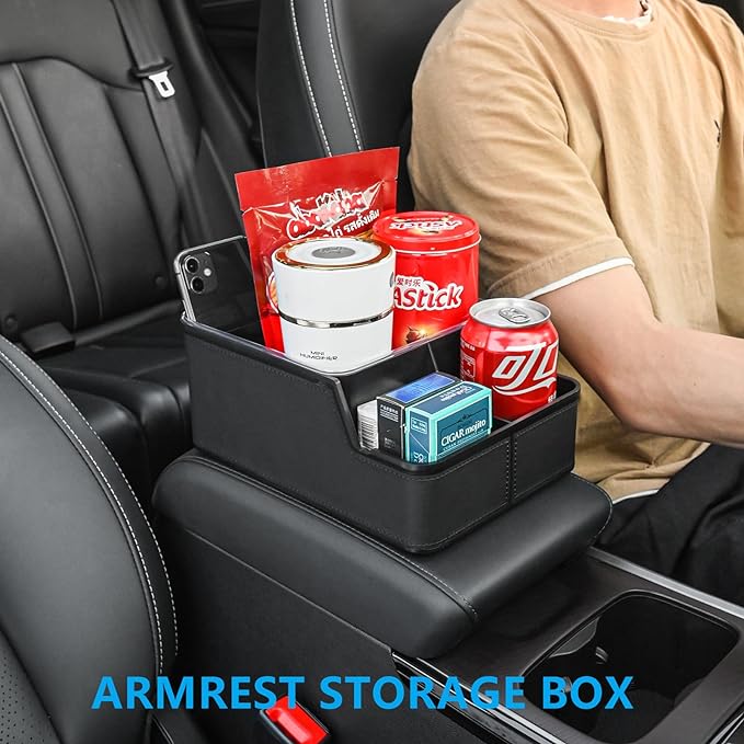 Car Storage Organizer Between Seats,Center Console Armrest Storage Box Back Seat Organizer with Small Compartment Car Interior Storage Box,Cup Holder Tray with Non-slip Mat(Black)