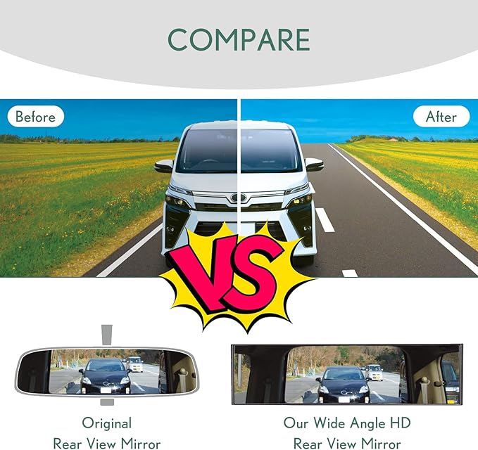Rear View Mirror, Universal Interior Clip-on Wide Angle Mirror,Flat HD Rearview Mirror, Anti Glare, Clear Tint, Accessories for Car SUV Trucks Vehicles (11"*3")