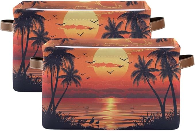 xigua Summer Palm Trees Storage Basket Collapsible Storage Bins Waterproof Canvas Storage Basket with Leather Handles for Hom