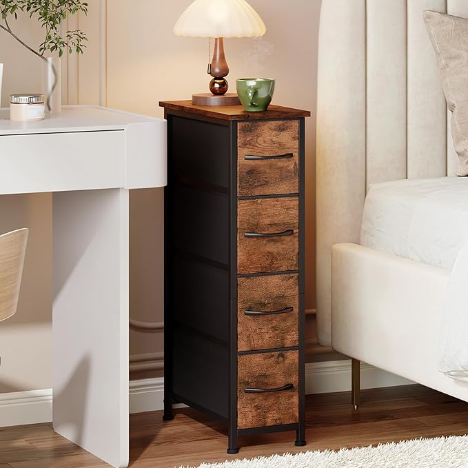 Somdot Narrow Dresser with 4 Drawers, Slim Storage Organizer Chest of Drawers with Removable Fabric Drawers for Small Spaces 