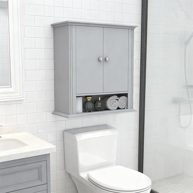 Wall Mounted Bathroom Cabinet Wooden Storage Cabinet with 2 Doors & Adjustable Shelf, Hanging Wall Cabinet Over Toilet, Upper